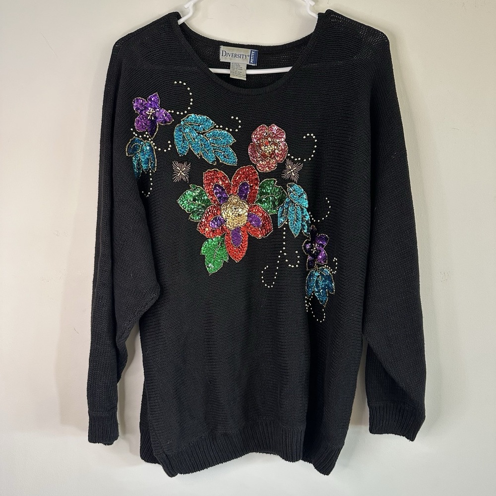 Vtg Victoria Jones Women Petite Large Floral Sequins Crewneck Sweater Christmas‎
